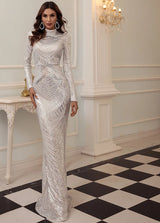 Bridesmaid Elegant High Neck Sequin Dress Long Sleeve Maxi Bodycon Dress