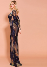 Sexy O Neck Long Sleeve Backless Sequin Dresses