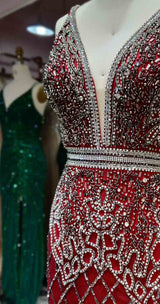 Luxury White Feathers Split Dress- Long Nude Beaded Mermaid