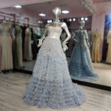 NEW 2022 Blue Ball Gown Gradient Long Sweetheart Crystals Pleated Tulle Ruffles Lace-Up Evening Dresses