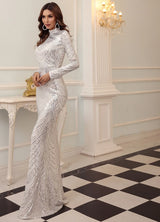 Bridesmaid Elegant High Neck Sequin Dress Long Sleeve Maxi Bodycon Dress