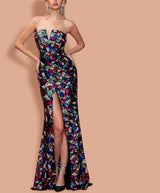 Sexy V-cut Strapless Sequin Multi color Dress with High Split