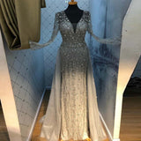 Heavy Beaded Silver Crystals V Neck Long Sleeve Elegant Evening Dress