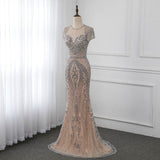 2022 Luxury Handmade Rhinestones Long Evening Dress Cap Sleeve