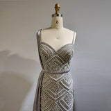 Elegant Silver full length Dress with Straps heavy Crystals Beaded Tulle Formal Gowns