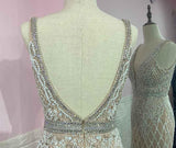 Luxury White Feathers Split Dress- Long Nude Beaded Mermaid