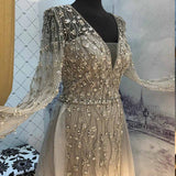 Heavy Beaded Silver Crystals V Neck Long Sleeve Elegant Evening Dress