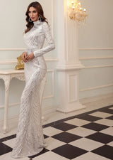 Bridesmaid Elegant High Neck Sequin Dress Long Sleeve Maxi Bodycon Dress