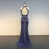 New 2022 Luxury Navy Blue Long Hand Beaded Evening Gown with Slit (limited supply)