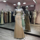 New 2022 Gorgeous Gray Full Sleeve Crystals Evening Dress