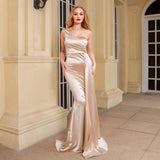 Bridesmaid gown One Shoulder Sexy Satin Maxi with Ribbon Royal Blue Green Draped Long Dress