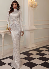 Bridesmaid Elegant High Neck Sequin Dress Long Sleeve Maxi Bodycon Dress
