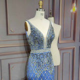 Luxury White Feathers Split Dress- Long Nude Beaded Mermaid