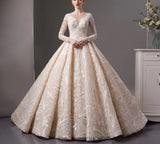 Full Lace beads luxury long sleeves ball gown wedding dress