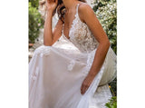 Boho A-Line Backless Wedding Dress 3D Flowers Wedding Gowns
