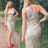 Bridesmaid Gown One Shoulder Stretchy Party Dress Sequin Split Leg