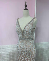 Luxury White Feathers Split Dress- Long Nude Beaded Mermaid