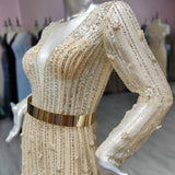 Luxury Full Sleeves Evening Dresses Champagne Long Tulle O Neck