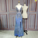 Luxury White Feathers Split Dress- Long Nude Beaded Mermaid