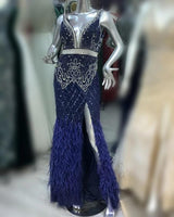 Luxury White Feathers Split Dress- Long Nude Beaded Mermaid