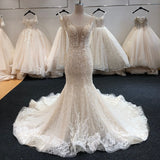 Sexy Deep V neck Long Lace Sleeve Mermaid Wedding Dress