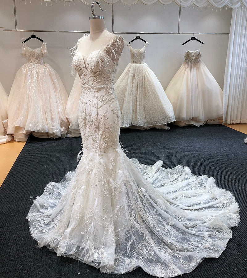 New Arrival Crystal Embroidery Lace and Feather Mermaid Dress Ivory / 16 / 100cm