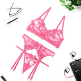 Embroidery Sexy Lingerie Bra+Garters+Thong 3 Piece Set