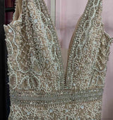 Luxury White Feathers Split Dress- Long Nude Beaded Mermaid