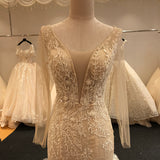 Sexy Deep V neck Long Lace Sleeve Mermaid Wedding Dress