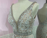 Luxury White Feathers Split Dress- Long Nude Beaded Mermaid