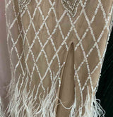 Luxury White Feathers Split Dress- Long Nude Beaded Mermaid