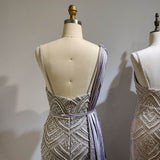 Elegant Silver full length Dress with Straps heavy Crystals Beaded Tulle Formal Gowns