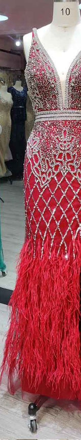 Luxury White Feathers Split Dress- Long Nude Beaded Mermaid