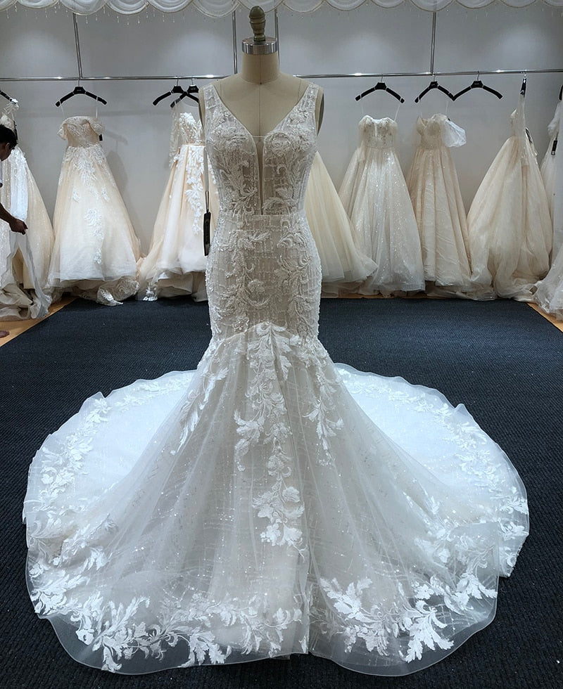 Sexy Deep Vneck Wedding Dress with long train (Limited Time Only) Ivory / 6