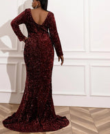 Plus Size O Neck Long Sleeve Bodycon Sequins Side Split Evening Dress