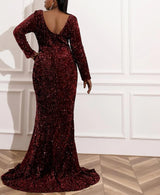 Plus Size O Neck Long Sleeve Bodycon Sequins Side Split Evening Dress