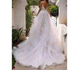 Boho A-Line Backless Wedding Dress 3D Flowers Wedding Gowns