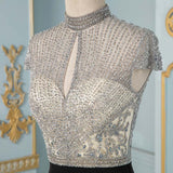 Elegant Black Crystals Mermaid Evening Dresses Long Cap Sleeve Formal Evening Gown (limited supply)