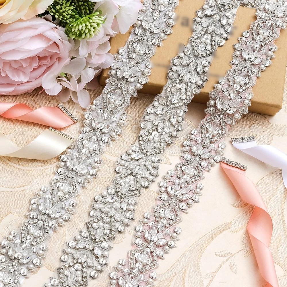 Wedding Bridal Belt Silver Crystal Hand Beaded Rhinestones Sequin