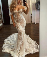 SOLD OUT -Elegant Mermaid Off the Shoulder Sweetheart Full Lace Wedding Dress