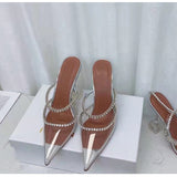 Rhinestones Satin Elegant Pointed toe High heels Lady Mules