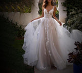 Boho A-Line Backless Wedding Dress 3D Flowers Wedding Gowns