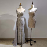 Elegant Silver full length Dress with Straps heavy Crystals Beaded Tulle Formal Gowns