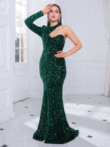 Elegant Single Sleeve Strapless Stretchy Sequin Evening Dress