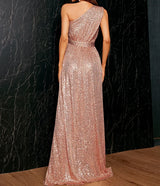 NEW Elegant Pink Sequin One Shoulder Sleeveless Evening Dress