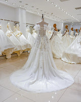 Boho Crystal Beading Lace Appliques A-Line Off the Shoulder Wedding Gown