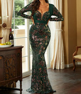 Elegant Green Mermaid Party Dress with Sequined Flower Pattern and Long Sleeves - Perfect for Weddings, Proms, and Formal Events