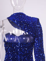 Elegant Single Sleeve Strapless Stretchy Sequin Evening Dress