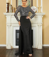 Elegant Black Evening Dress with attached Train - Women's O-Neck Long Sleeve Sequin Patchwork Gown
