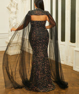 Glamorous Plus Size Mermaid Evening Dress with Sequins, Elegant Cloak Sleeves and Strapless Design